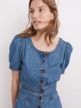 Madewell Denim Puff Sleeve Crop Top in Kearney Wash